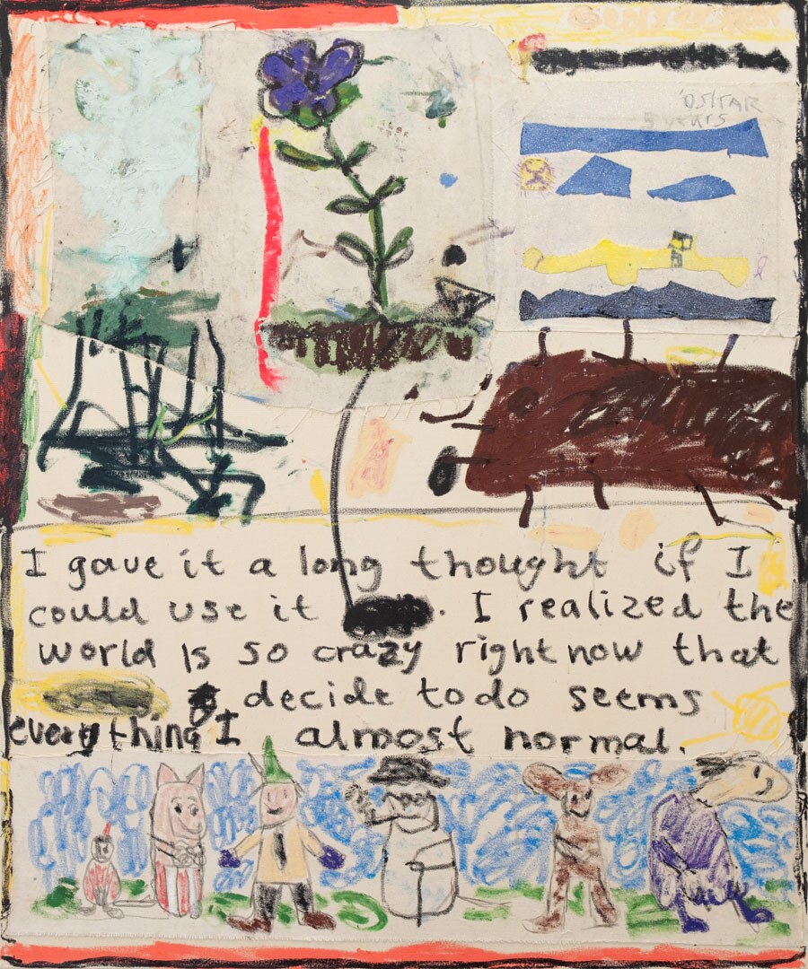 5 Years Old Me, 34 Years Later by Georg Óskar. 120 x 80 cm, oil and china marker on canvas, 2024.