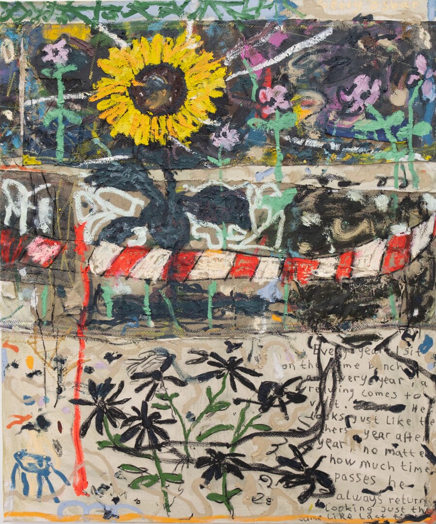 Song Thrush by Georg Óskar. 120 x 80 cm, oil and china marker on stitched linen and cotton, 2024.