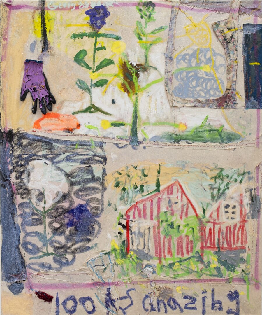 The Glitch by Georg Óskar. 120 x 80 cm, oil, acrylic and spray on stitched cotton and linen, 2024.