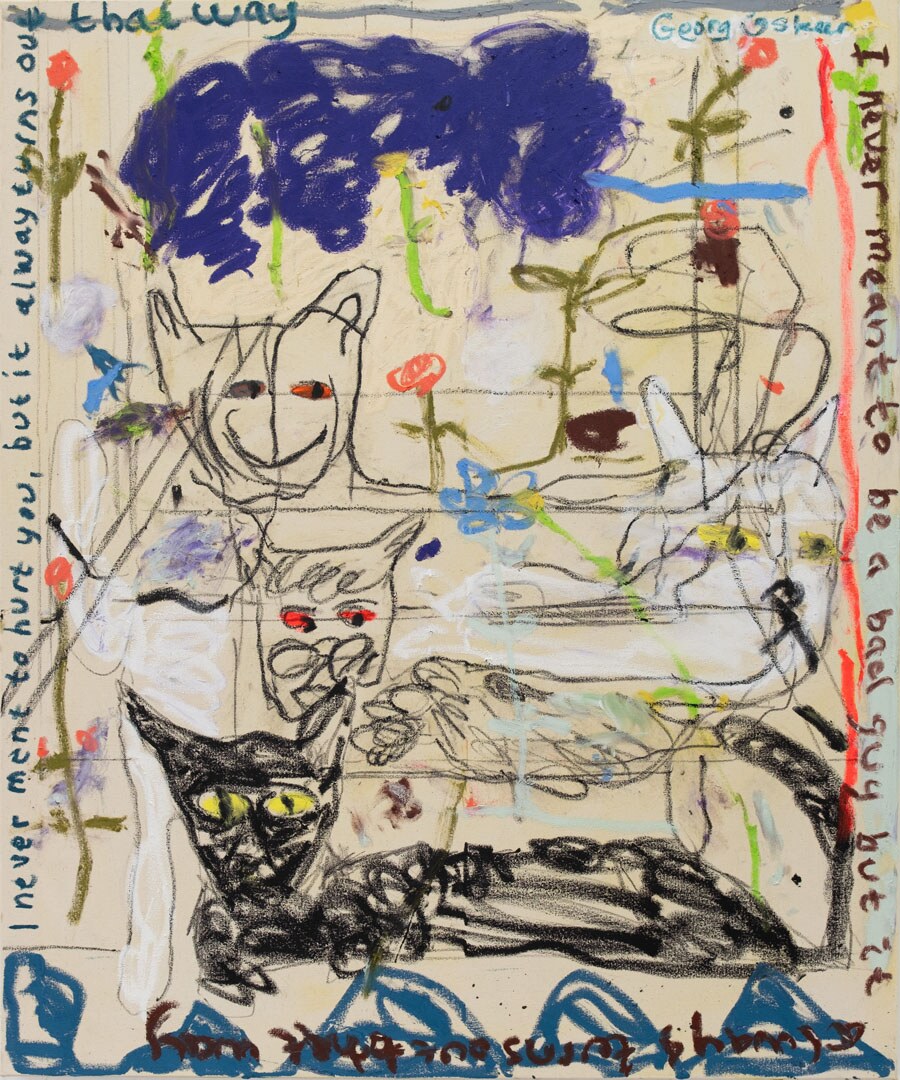 The Way It Always Goes by Georg Óskar. 120 x 80 cm, oil and china marker on canvas, 2024.