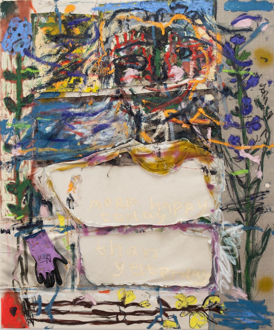 Used to Feeling Bad, Notice When It's Good by Georg Óskar. 120 x 80 cm, oil on stitched linen and cotton, 2024.