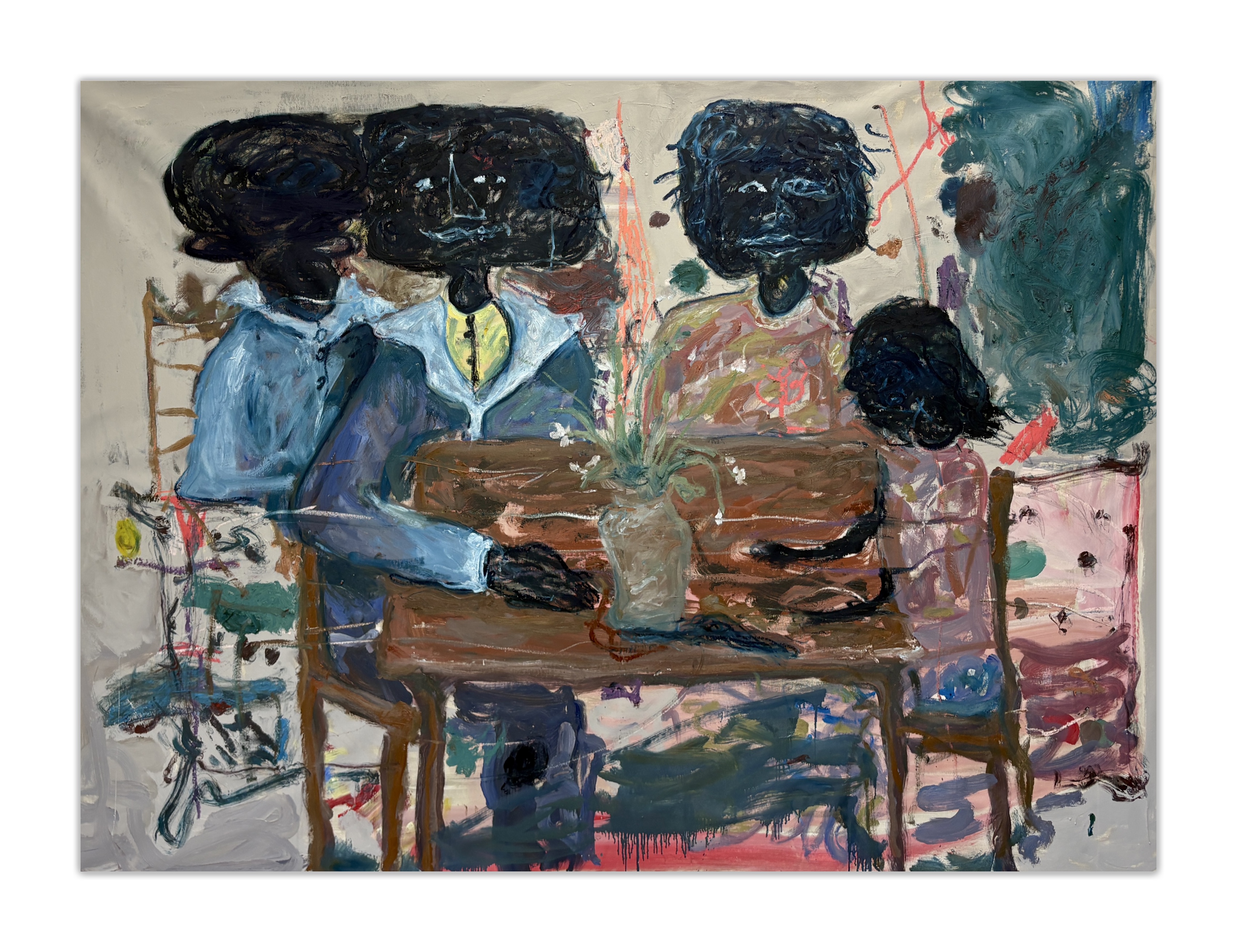 we brought flowers so you dont have to by Georg Óskar. 150 x 205 cm, oil and acrylic on canvas, 2026.